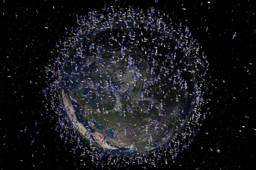 Artwork depicting LEO satellites and space debris. 70% of all catalogued objects are in low Earth orbit, which extends to 2000 km above the Earth's surface. 