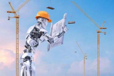 Robot engineer in hardhat holding construction drawings against construction site with tower cranes.